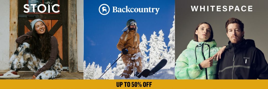 Three images of separate brands collaged together. The first, Stoic, a woman looks off in the distance. The second, Backcountry, a woman skis. The third, WHITESPACE, two models look at the camera. 